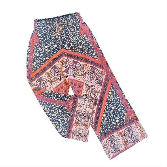 Mason & Belle Blue Pink Floral Paisley Smock Waist Boho Palazzo Pants Large - Picture 1 of 11